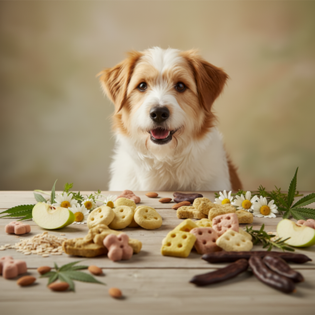 Cane con biscotti, foglie, camomilla + mela, mandorle e carruba